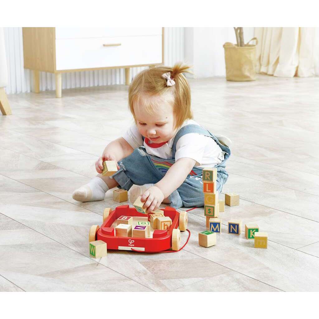 Buchstabenbauklötze im Nachziehwagen Buchstabenbauklötze im Nachziehwagen