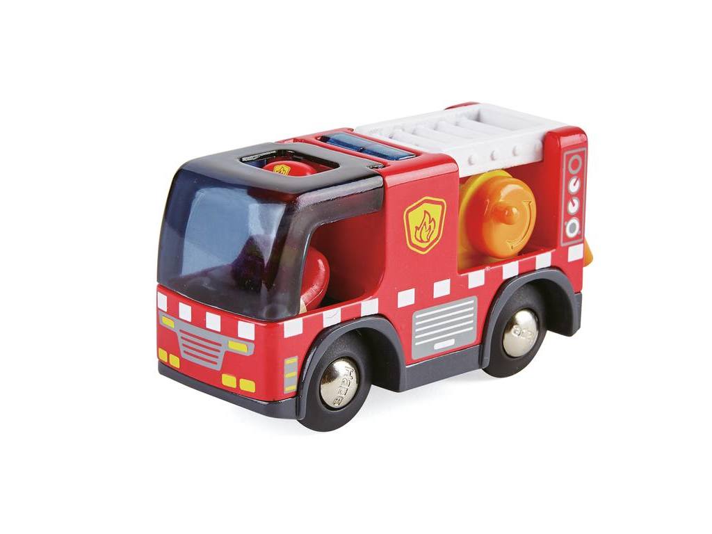Hape E3737 Feuerwehrauto mit Sirene für Holzeisenbahn NEU # 